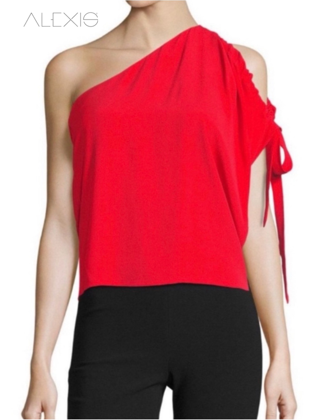 Alexis Nali One Shoulder Red Blouse Top Viscose Silk Feel Bow Sleeve S Festive